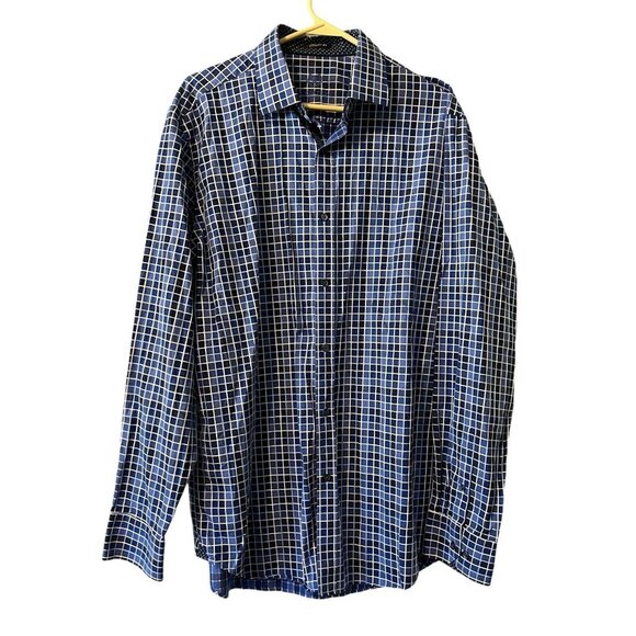 Bugatchi Uomo Shirt Men's Large Blue Checkered Flip Cuff Design Preppy‎ Formal - Picture 1 of 15